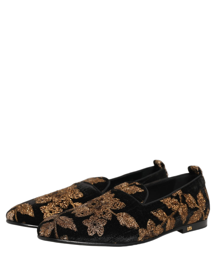 Dolce &amp; Gabbana Black Floral Jacquard Dress Loafers Shoes