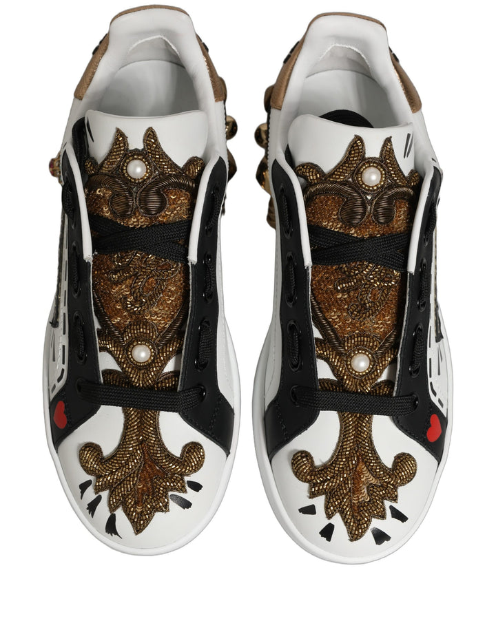 Dolce &amp; Gabbana White Gold Studded Portofino Sneakers Shoes