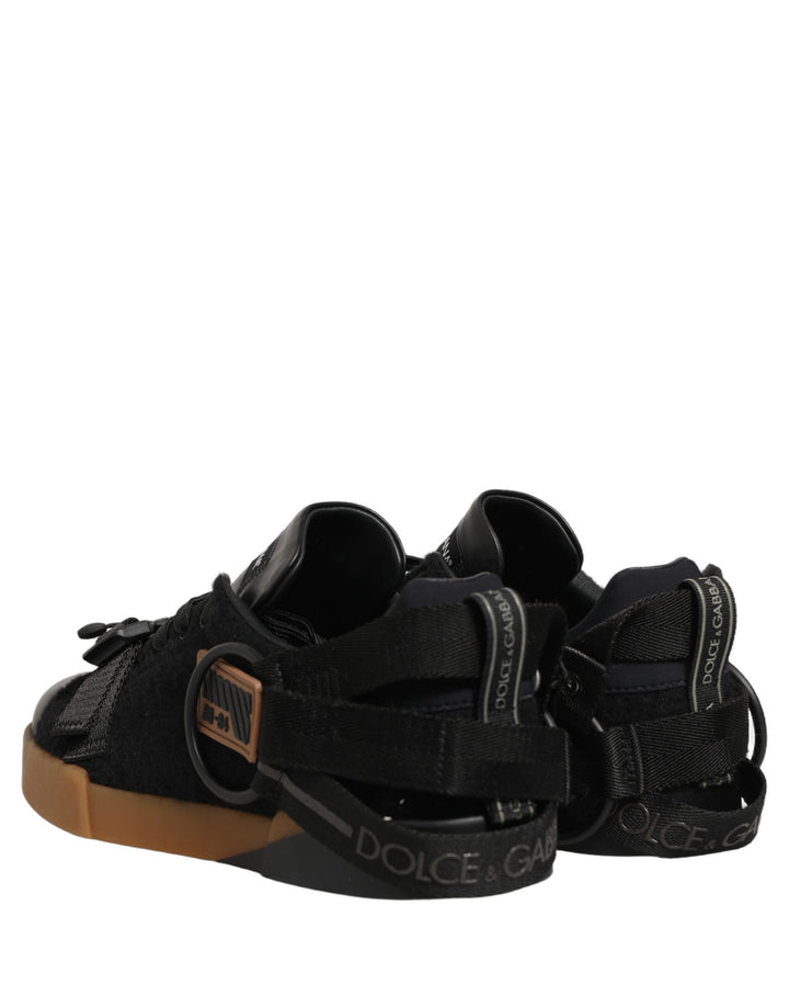 Dolce &amp; Gabbana Black Leather Low Trainers Men Sneakers Shoes