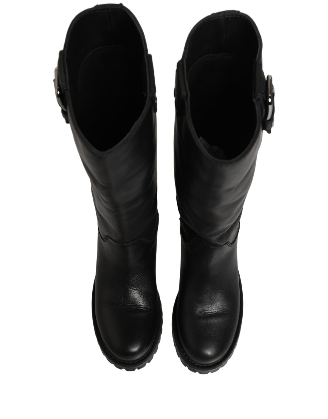 Dolce &amp; Gabbana Black Leather Buckle Detail Mid Calf Boots Shoes