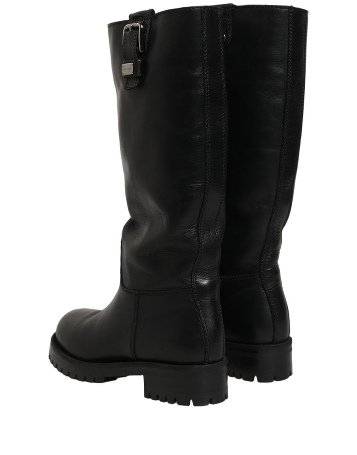Dolce &amp; Gabbana Black Leather Buckle Detail Mid Calf Boots Shoes