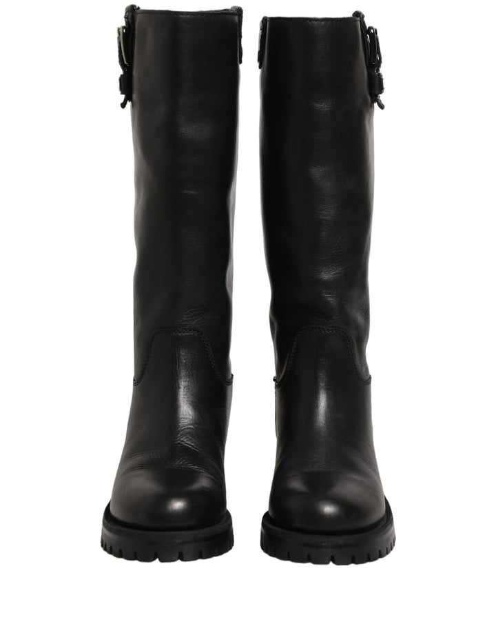 Dolce &amp; Gabbana Black Leather Buckle Detail Mid Calf Boots Shoes