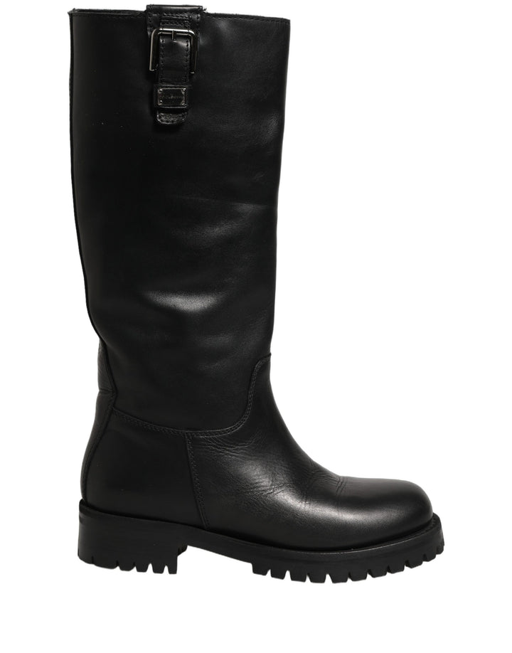 Dolce &amp; Gabbana Black Leather Buckle Detail Mid Calf Boots Shoes