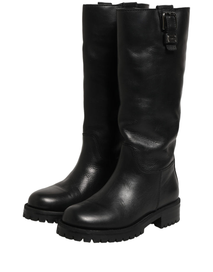 Dolce &amp; Gabbana Black Leather Buckle Detail Mid Calf Boots Shoes