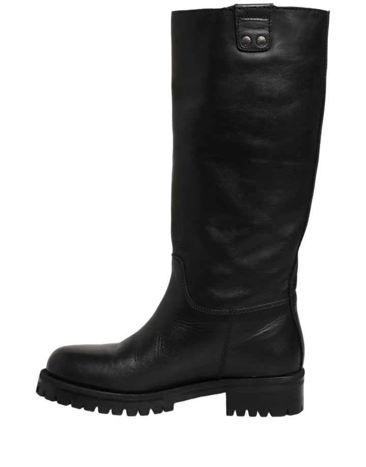 Dolce &amp; Gabbana Black Leather Buckle Detail Mid Calf Boots Shoes
