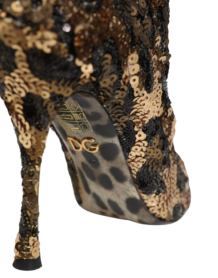 Dolce &amp; Gabbana Gold Leopard Sequin Sock Ankle Boots Shoes