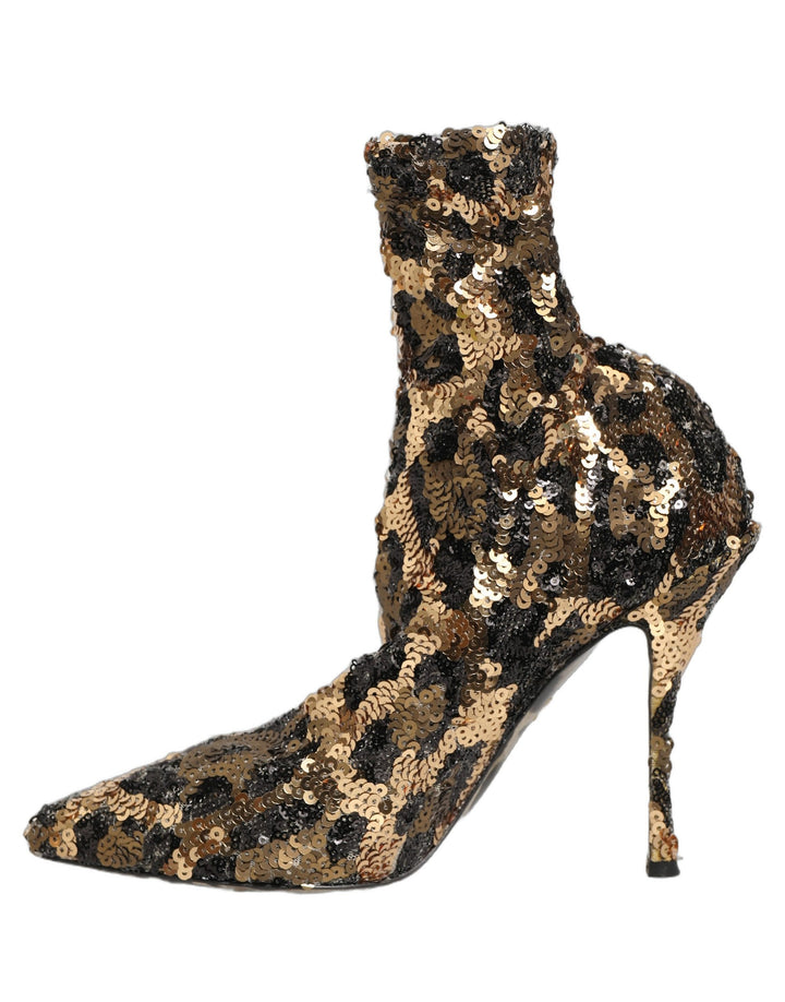 Dolce &amp; Gabbana Gold Leopard Sequin Sock Ankle Boots Shoes