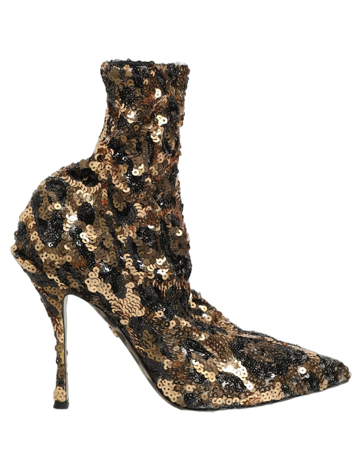 Dolce &amp; Gabbana Gold Leopard Sequin Sock Ankle Boots Shoes