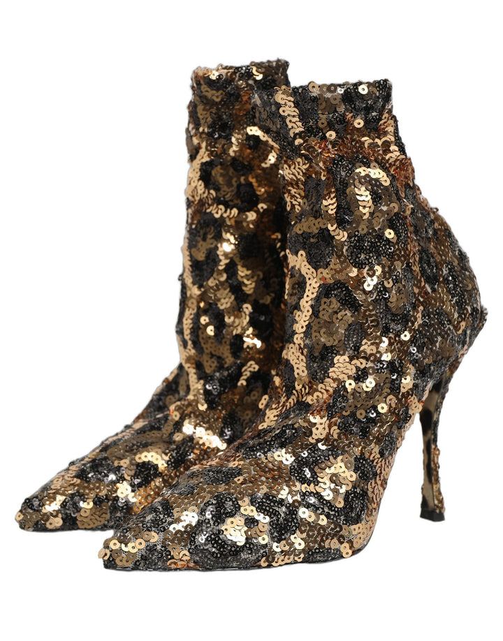 Dolce &amp; Gabbana Gold Leopard Sequin Sock Ankle Boots Shoes