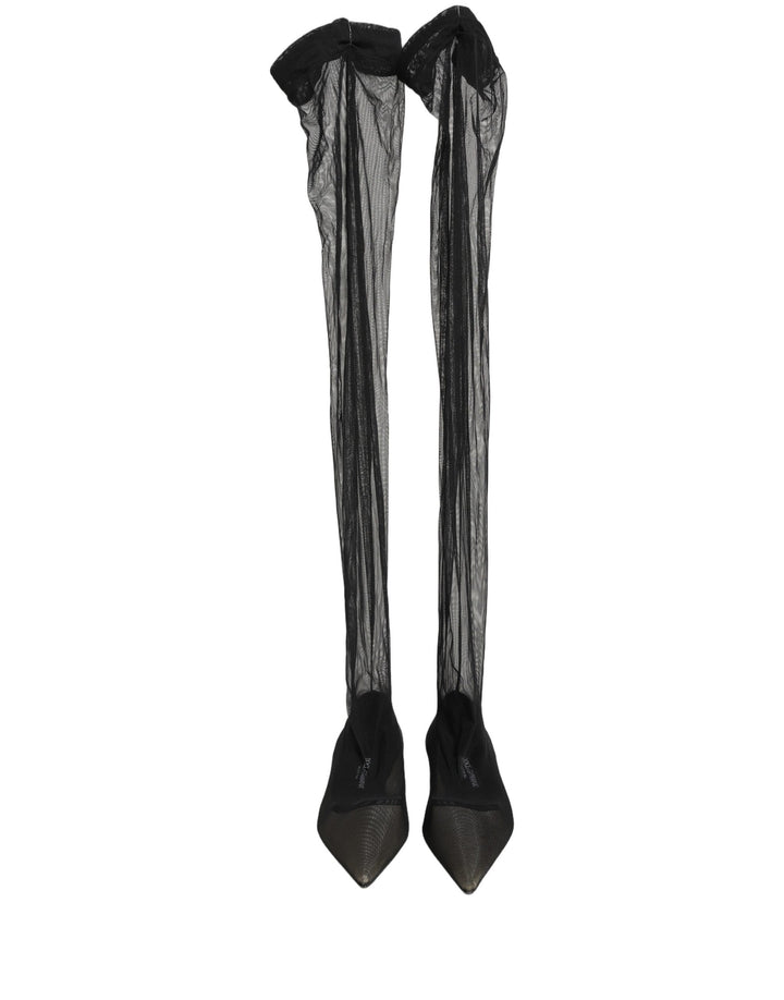 Dolce &amp; Gabbana Black Over The Knee Tulle Flats Boots Shoes