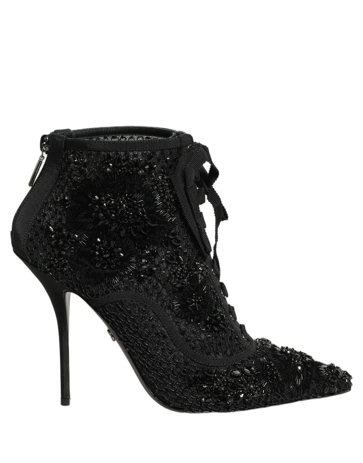 Dolce &amp; Gabbana Black Embellished Mesh Ankle Boots Shoes