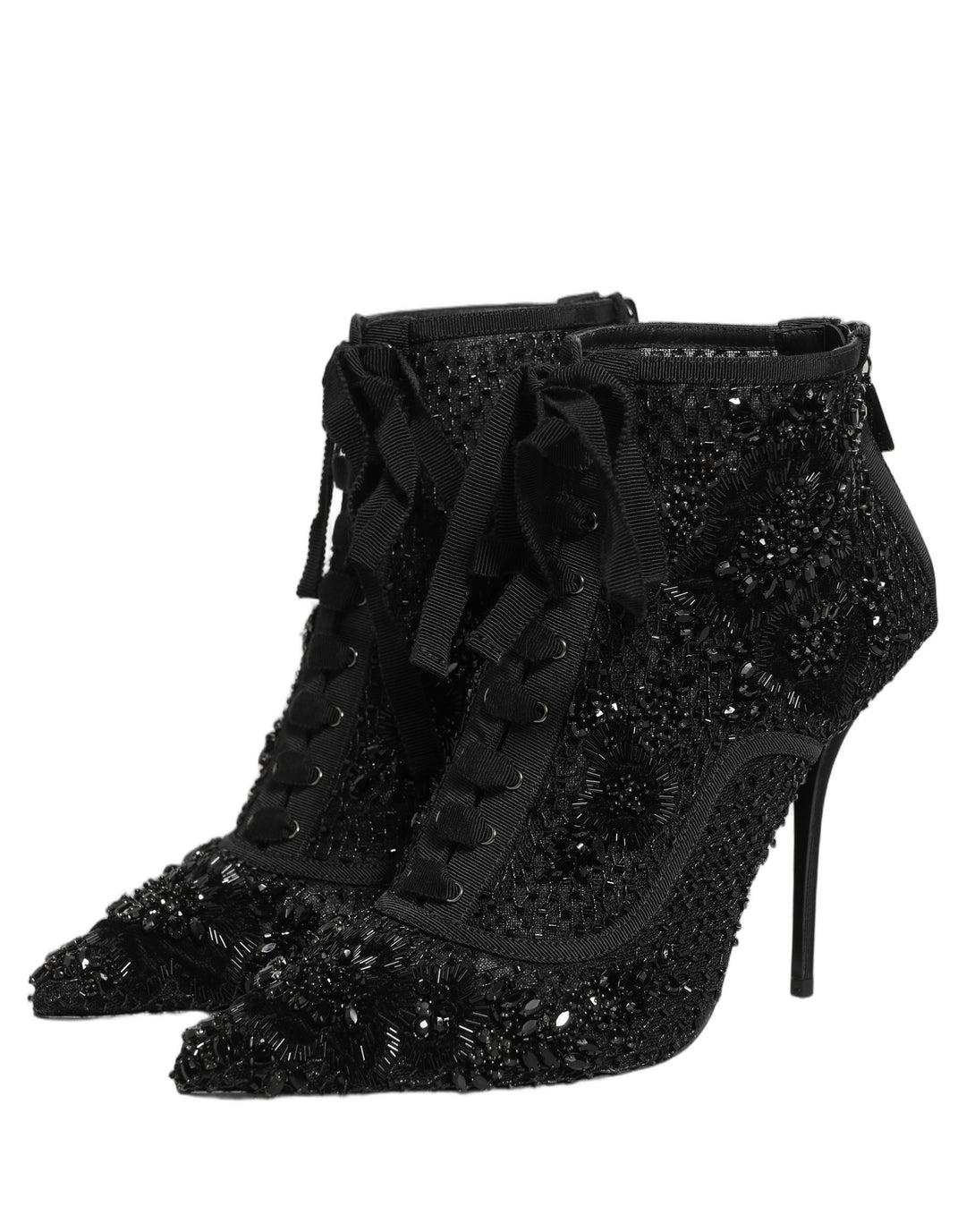 Dolce &amp; Gabbana Black Embellished Mesh Ankle Boots Shoes