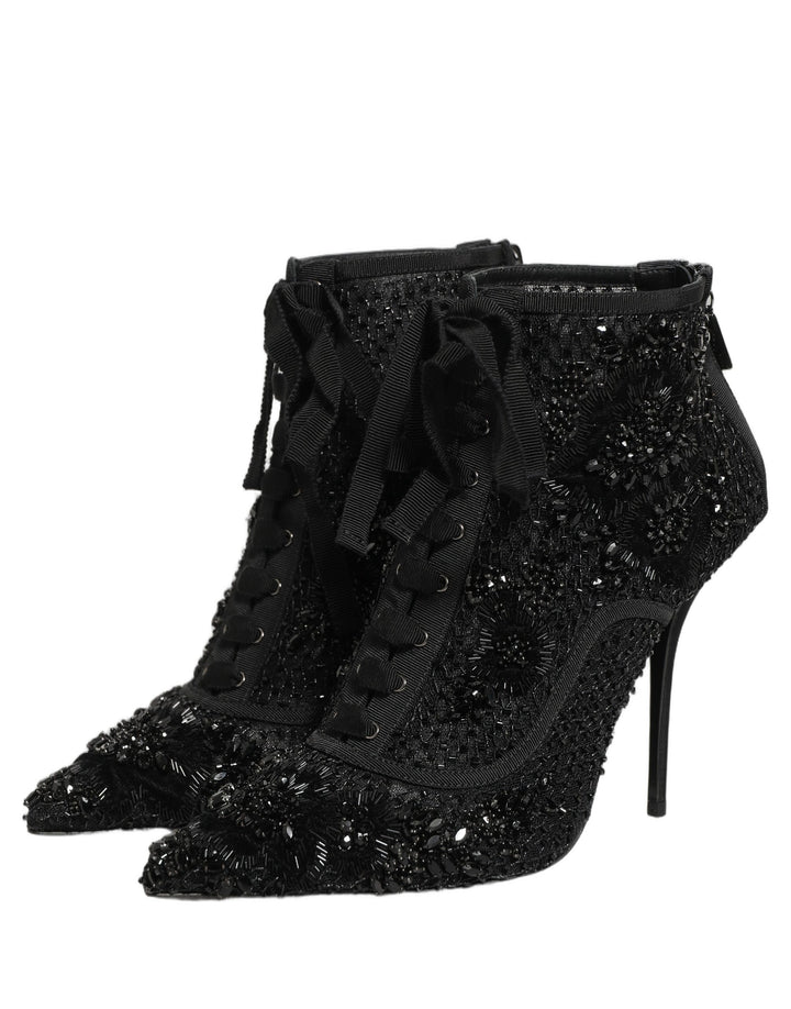 Dolce &amp; Gabbana Black Embellished Mesh Ankle Boots Shoes