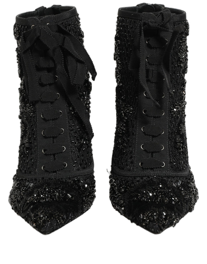Dolce &amp; Gabbana Black Embellished Mesh Ankle Boots Shoes