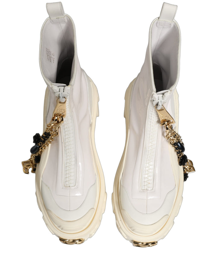 Dolce &amp; Gabbana White Leather Rubber Logo Ankle Boots Shoes