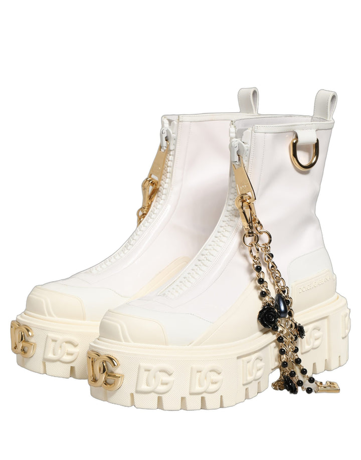 Dolce &amp; Gabbana White Leather Rubber Logo Ankle Boots Shoes