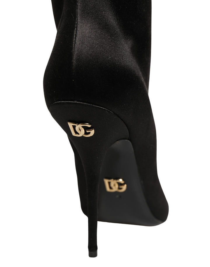 Dolce &amp; Gabbana Black Satin Knee High Stiletto Boots Shoes