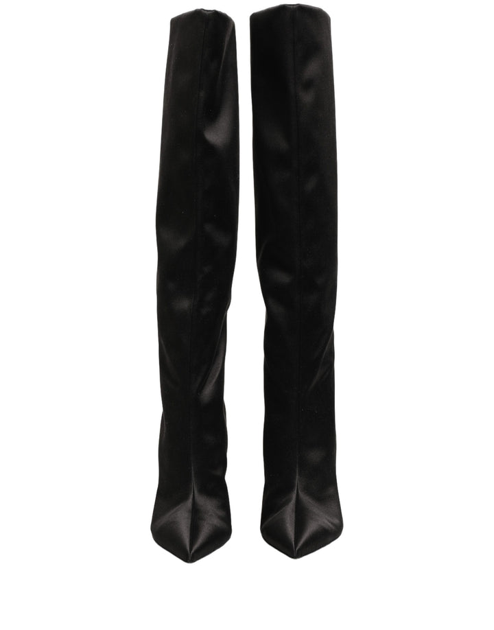 Dolce &amp; Gabbana Black Satin Knee High Stiletto Boots Shoes