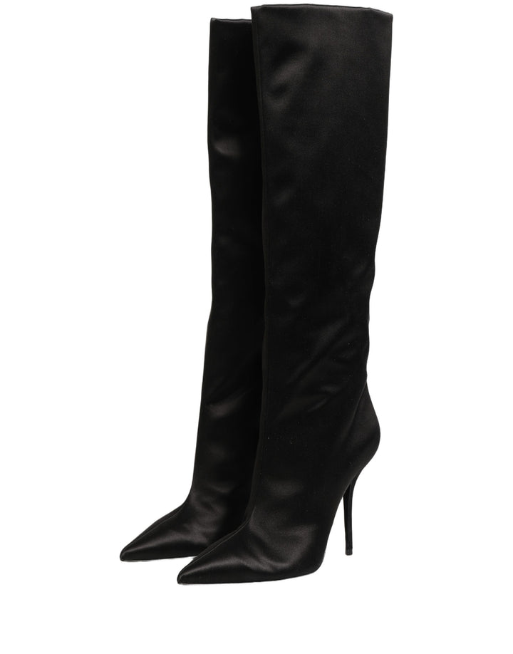 Dolce &amp; Gabbana Black Satin Knee High Stiletto Boots Shoes