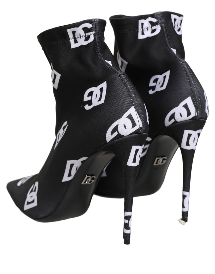 Dolce &amp; Gabbana Black Logo Stretch Heels Ankle Boots Shoes