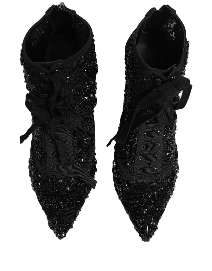 Dolce &amp; Gabbana Black Embellished Mesh Ankle Boots Shoes