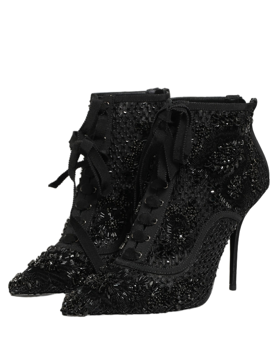 Dolce &amp; Gabbana Black Embellished Mesh Ankle Boots Shoes