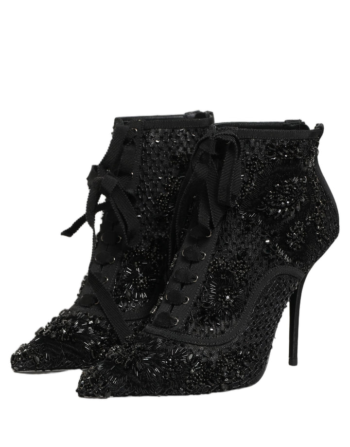 Dolce &amp; Gabbana Black Embellished Mesh Ankle Boots Shoes
