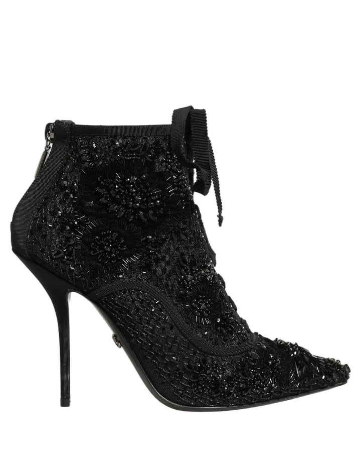 Dolce &amp; Gabbana Black Embellished Mesh Ankle Boots Shoes
