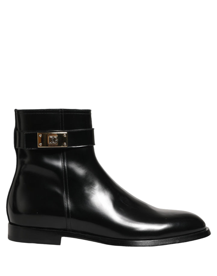 Dolce &amp; Gabbana Black Leather Logo Buckle Mid Calf Boots Shoes