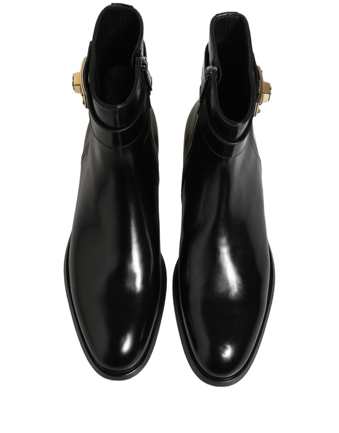 Dolce &amp; Gabbana Black Leather Logo Buckle Mid Calf Boots Shoes