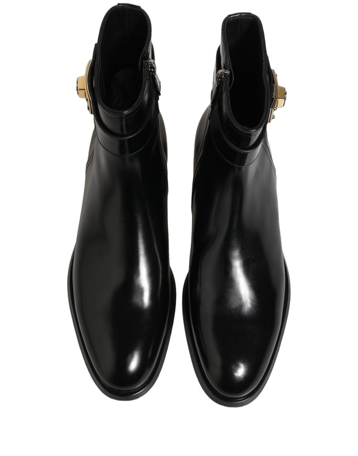 Dolce &amp; Gabbana Black Leather Logo Buckle Mid Calf Boots Shoes