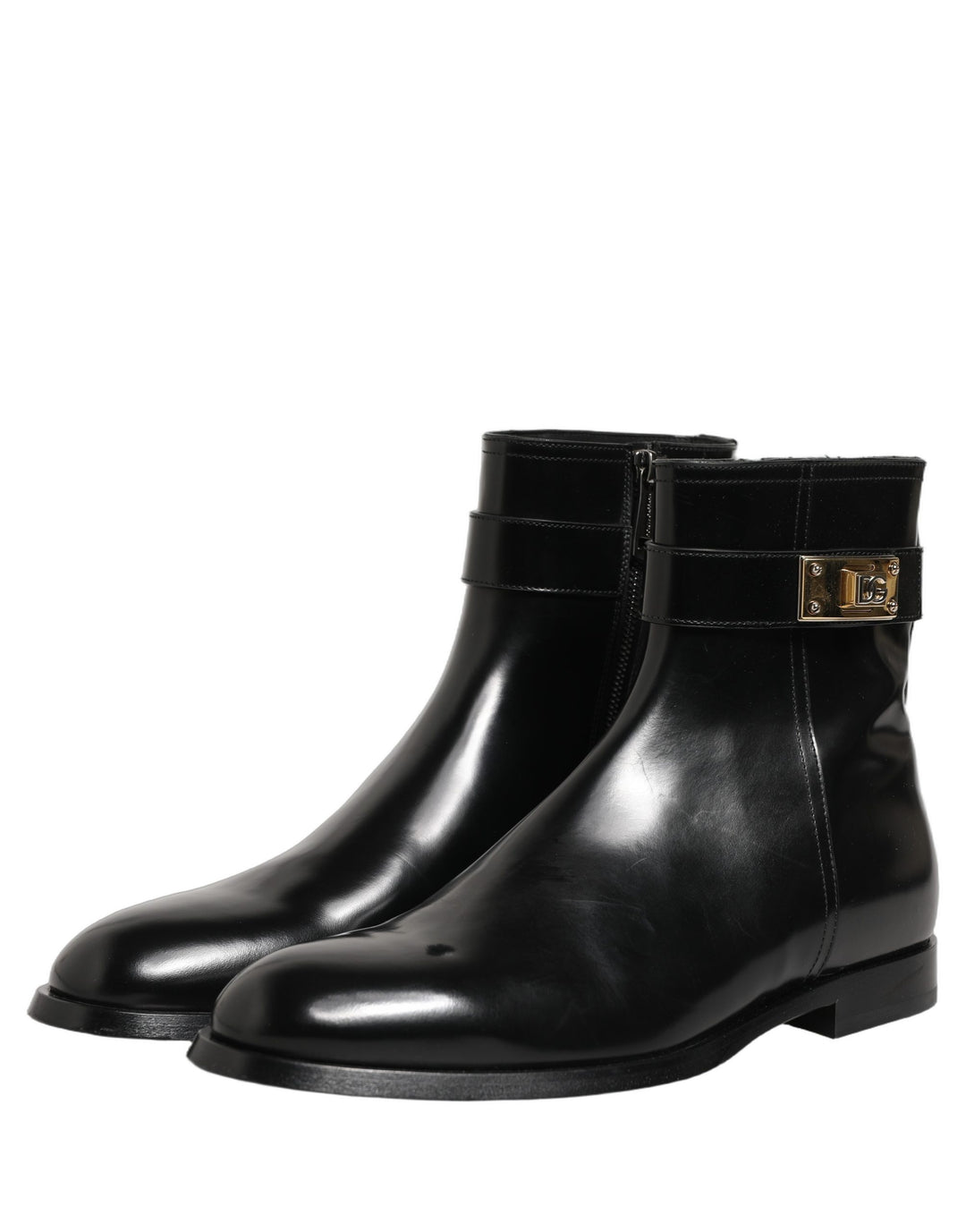 Dolce &amp; Gabbana Black Leather Logo Buckle Mid Calf Boots Shoes