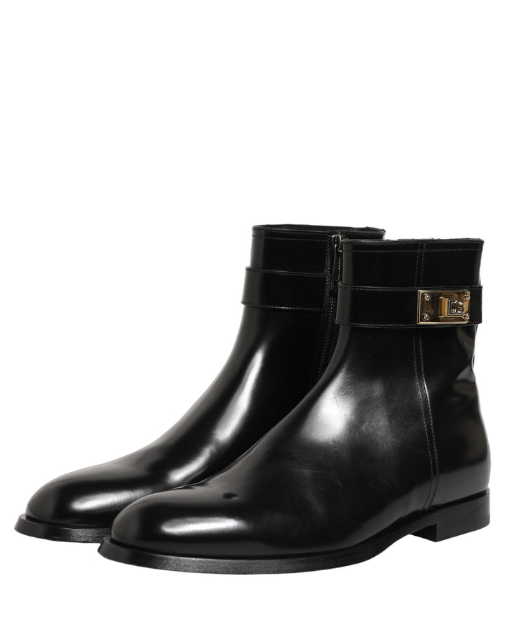 Dolce &amp; Gabbana Black Leather Logo Buckle Mid Calf Boots Shoes