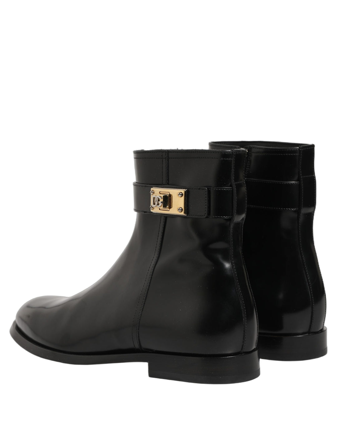 Dolce &amp; Gabbana Black Leather Logo Buckle Mid Calf Boots Shoes