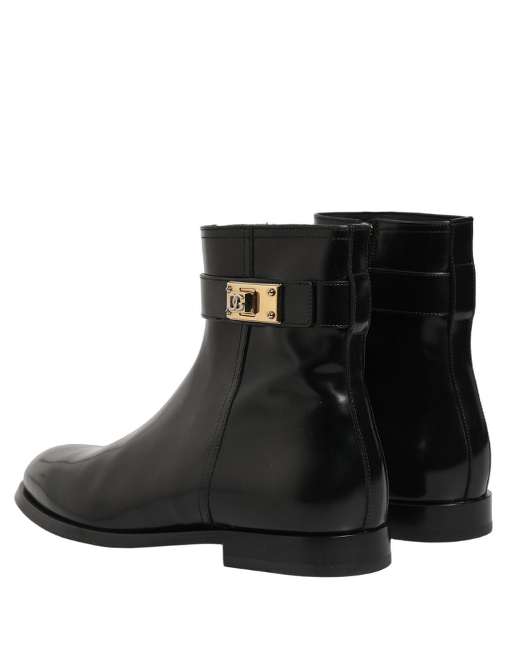 Dolce &amp; Gabbana Black Leather Logo Buckle Mid Calf Boots Shoes