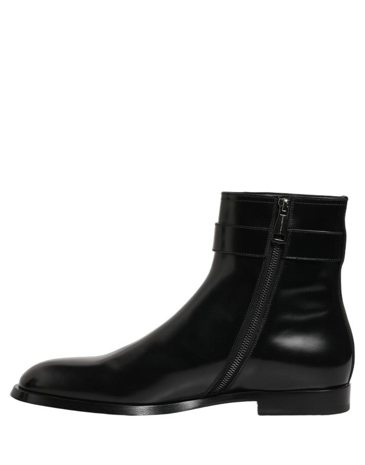 Dolce &amp; Gabbana Black Leather Logo Buckle Mid Calf Boots Shoes