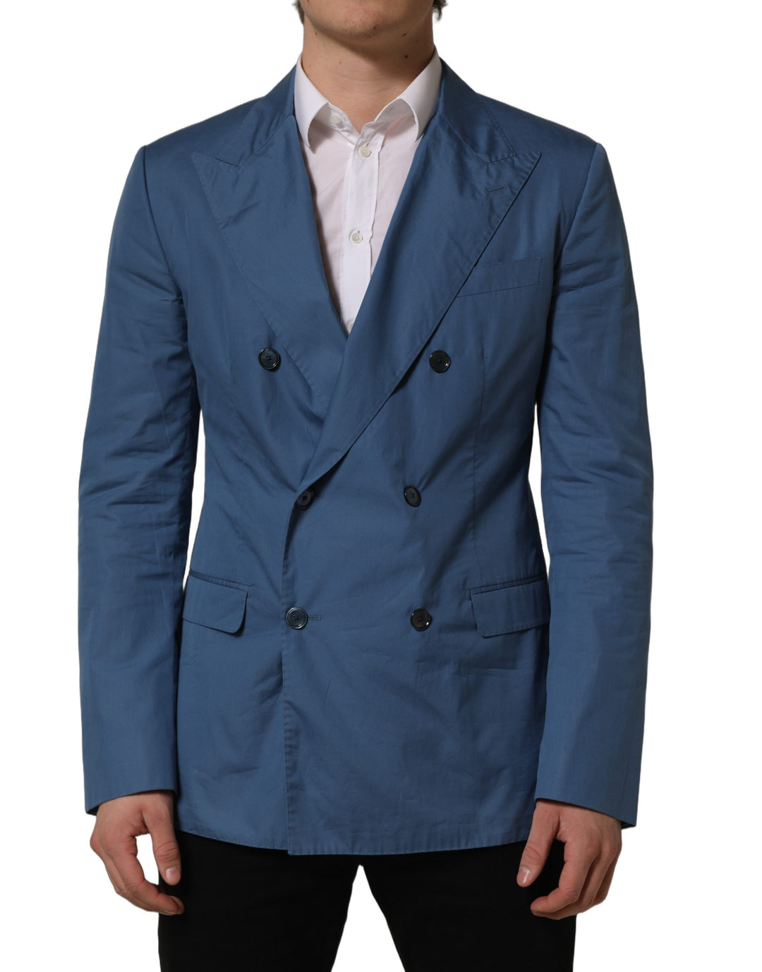 Dolce &amp; Gabbana Blue Cotton Double Breasted Men Coat Blazer