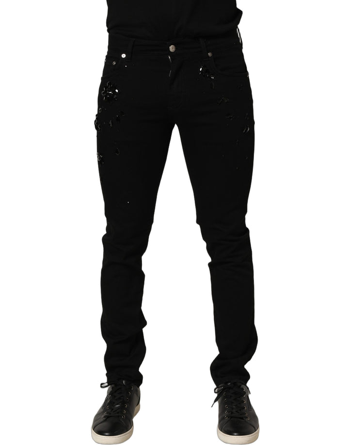 Dolce &amp; Gabbana Black Embellished Cotton Skinny Denim Jeans