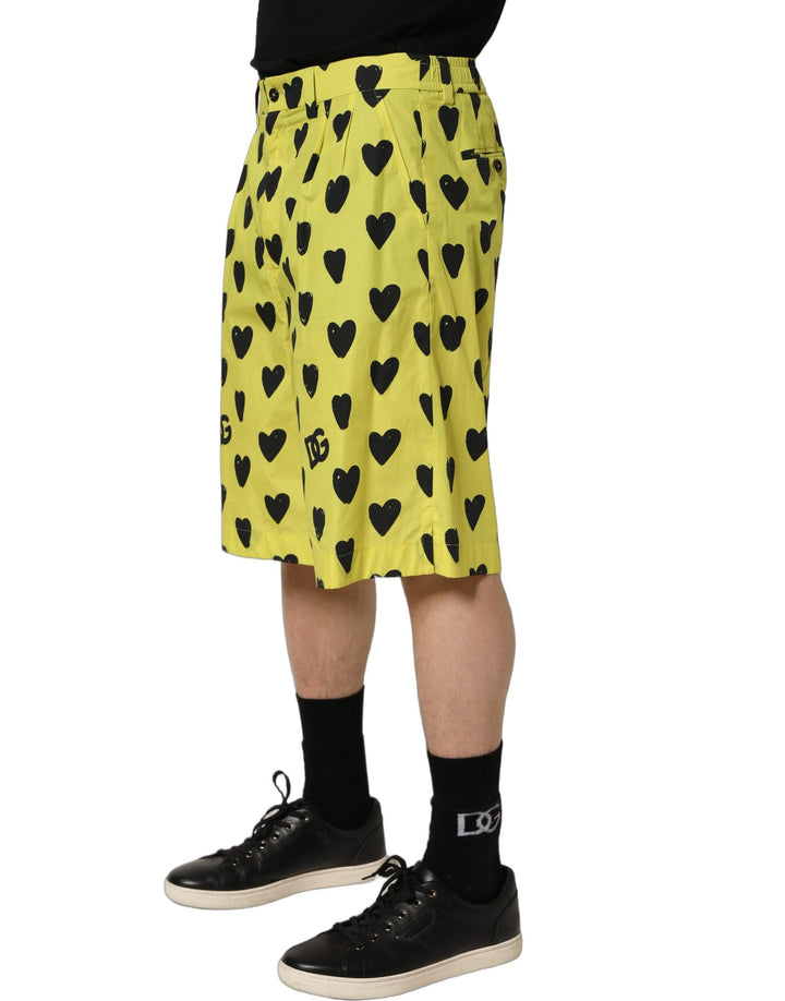 Dolce &amp; Gabbana Yellow Cotton Heart Print Men Bermuda Shorts