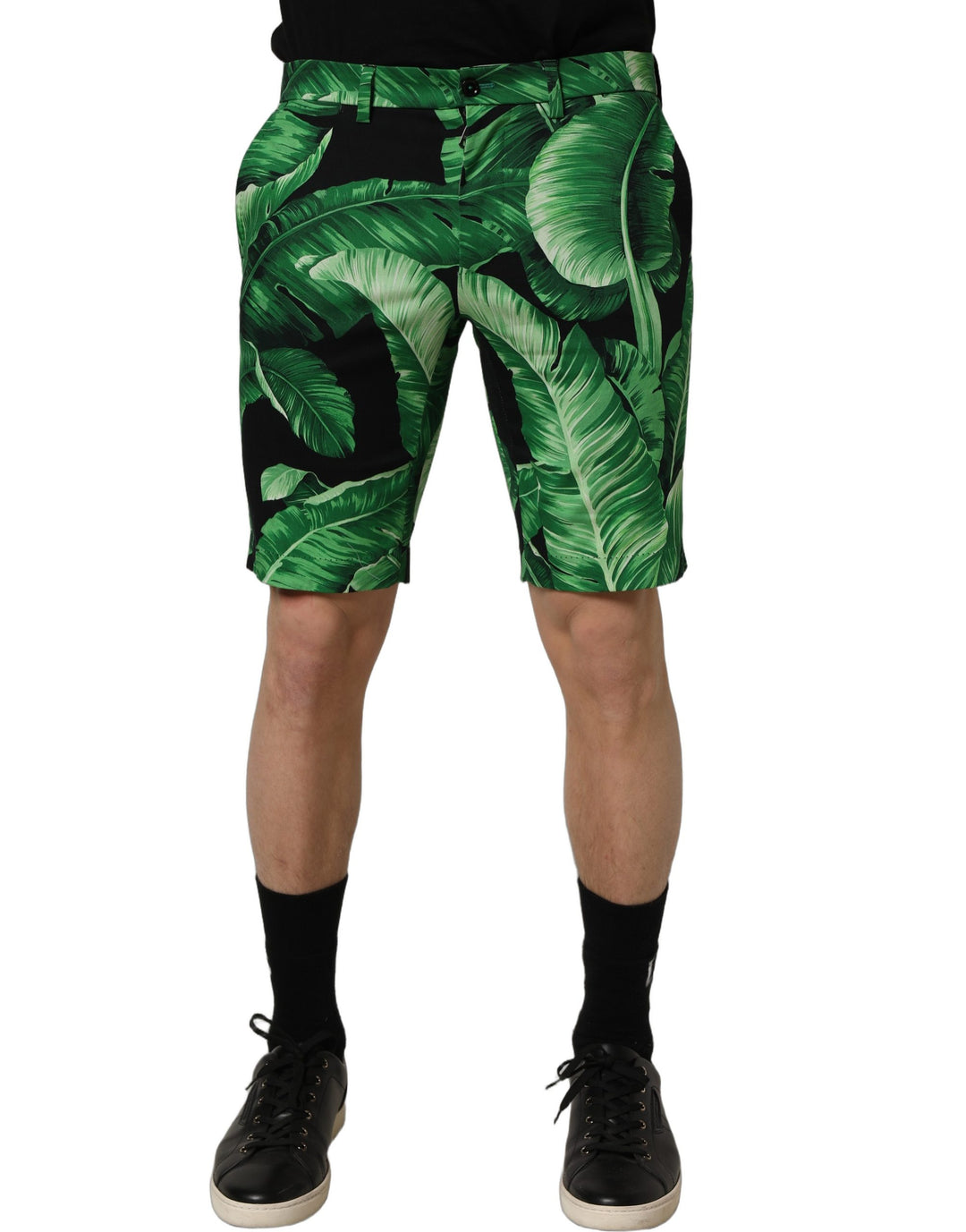 Dolce &amp; Gabbana Black Green Banana Leaf Men Bermuda Shorts