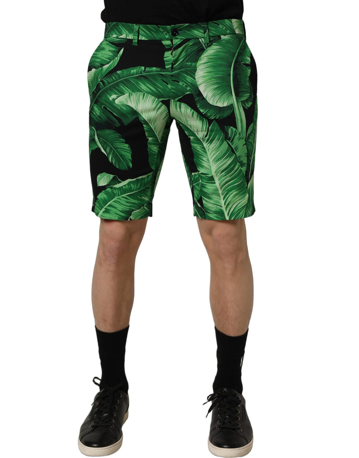 Dolce &amp; Gabbana Black Green Banana Leaf Men Bermuda Shorts