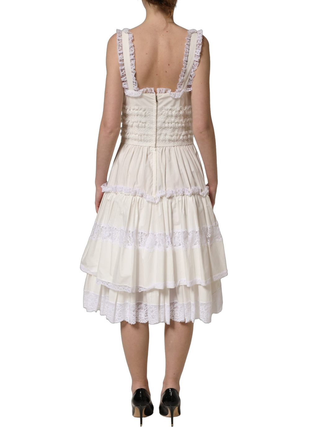 Dolce &amp; Gabbana White Cotton Poplin Ruffled Midi Dress
