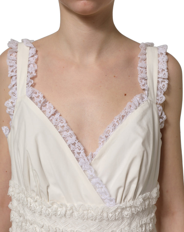 Dolce &amp; Gabbana White Cotton Poplin Ruffled Midi Dress