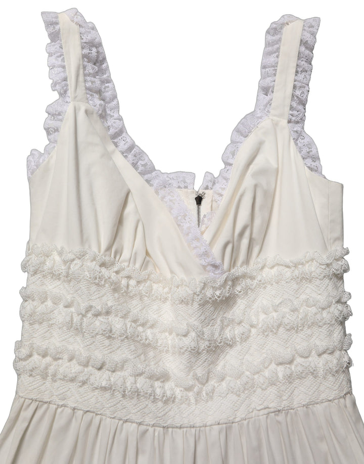 Dolce &amp; Gabbana White Cotton Poplin Ruffled Midi Dress