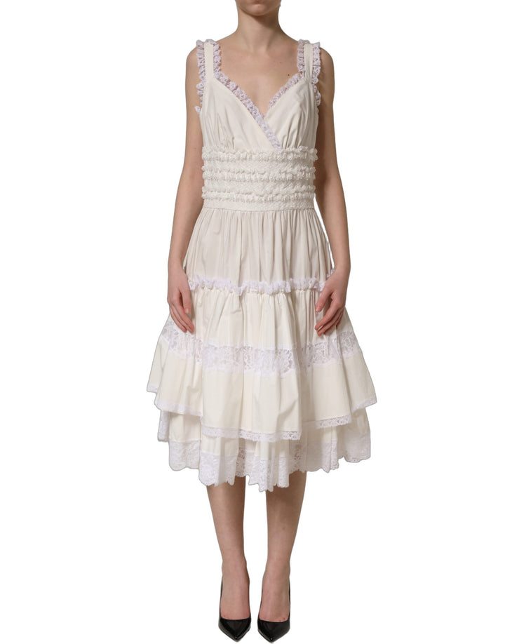 Dolce &amp; Gabbana White Cotton Poplin Ruffled Midi Dress