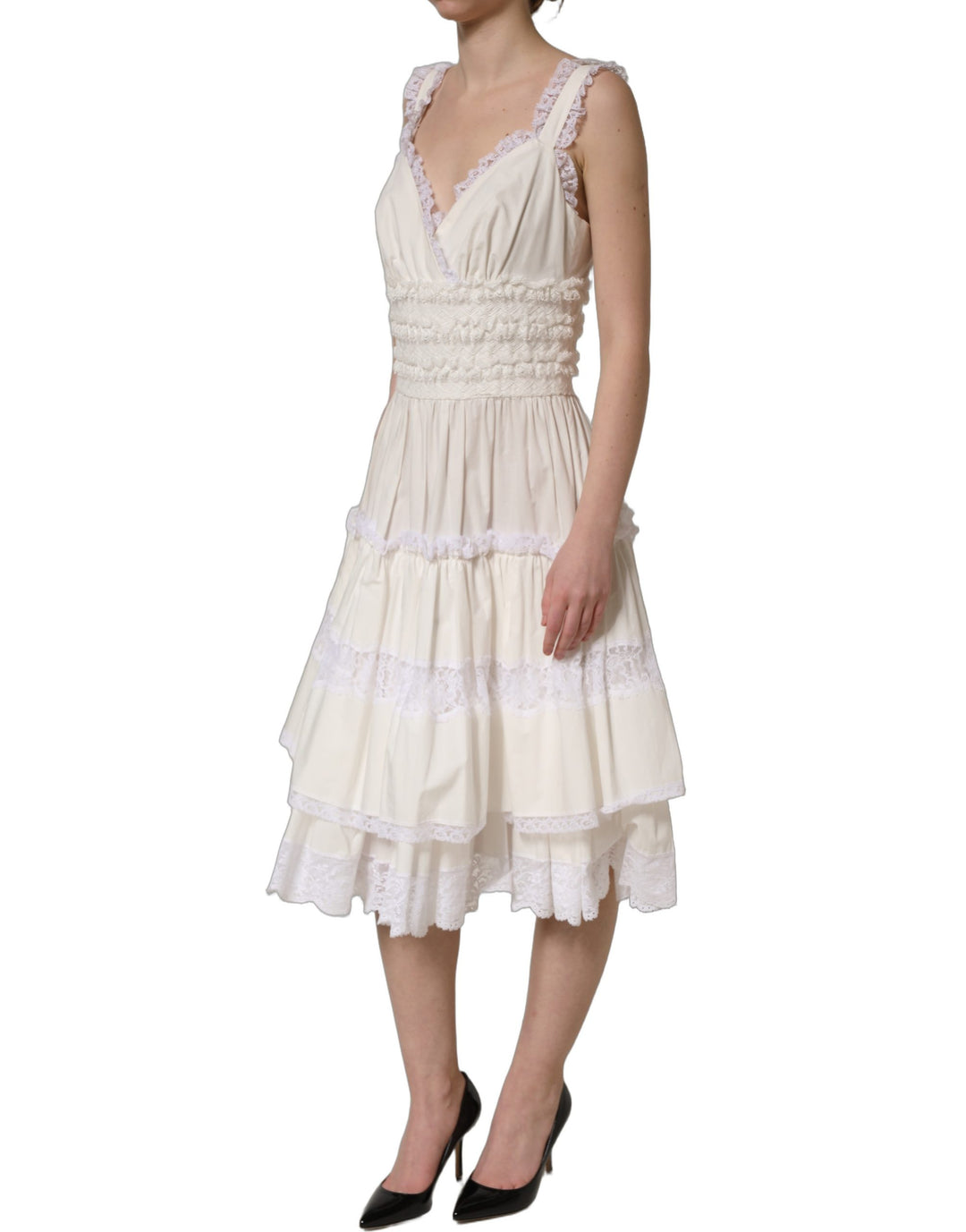 Dolce &amp; Gabbana White Cotton Poplin Ruffled Midi Dress