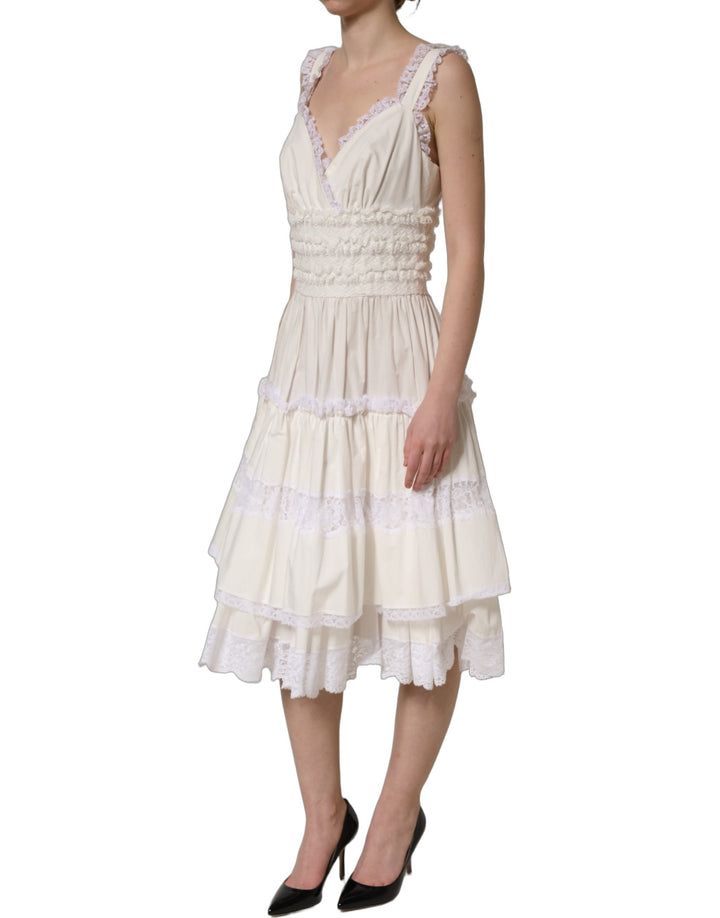 Dolce &amp; Gabbana White Cotton Poplin Ruffled Midi Dress