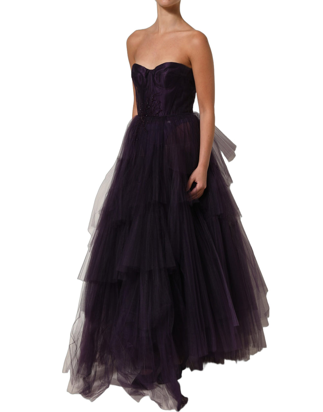 Dolce &amp; Gabbana Purple Tiered Tulle Silk Long Gown Dress