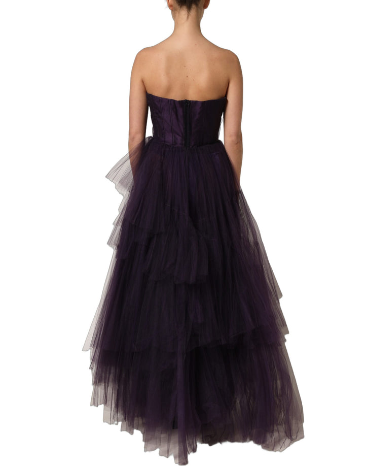 Dolce &amp; Gabbana Purple Tiered Tulle Silk Long Gown Dress