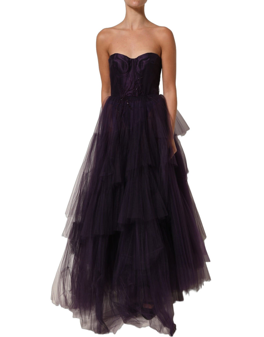 Dolce &amp; Gabbana Purple Tiered Tulle Silk Long Gown Dress